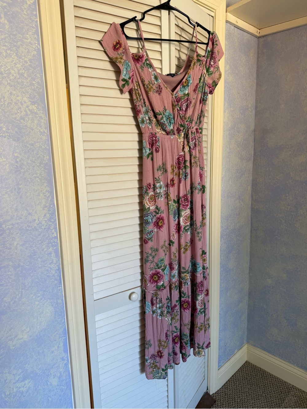 OneClothing Pink Floral Maxi Dress with Cold-Shoulder Straps